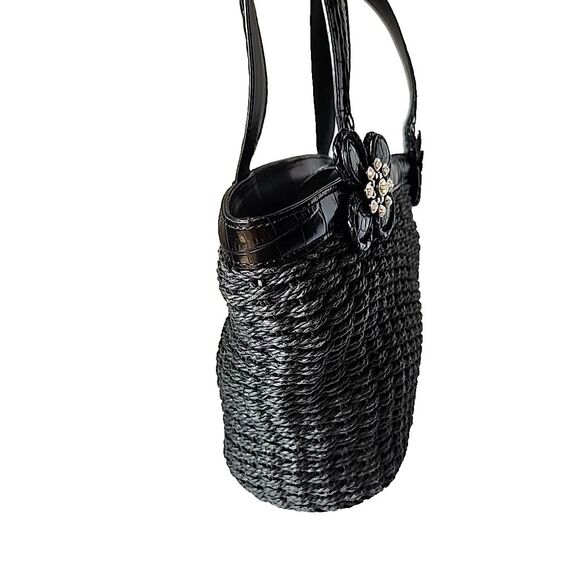 Brighton Twilight Straw Handbag Black Rhinestone Embellished Double Handles Tote - Picture 7 of 13